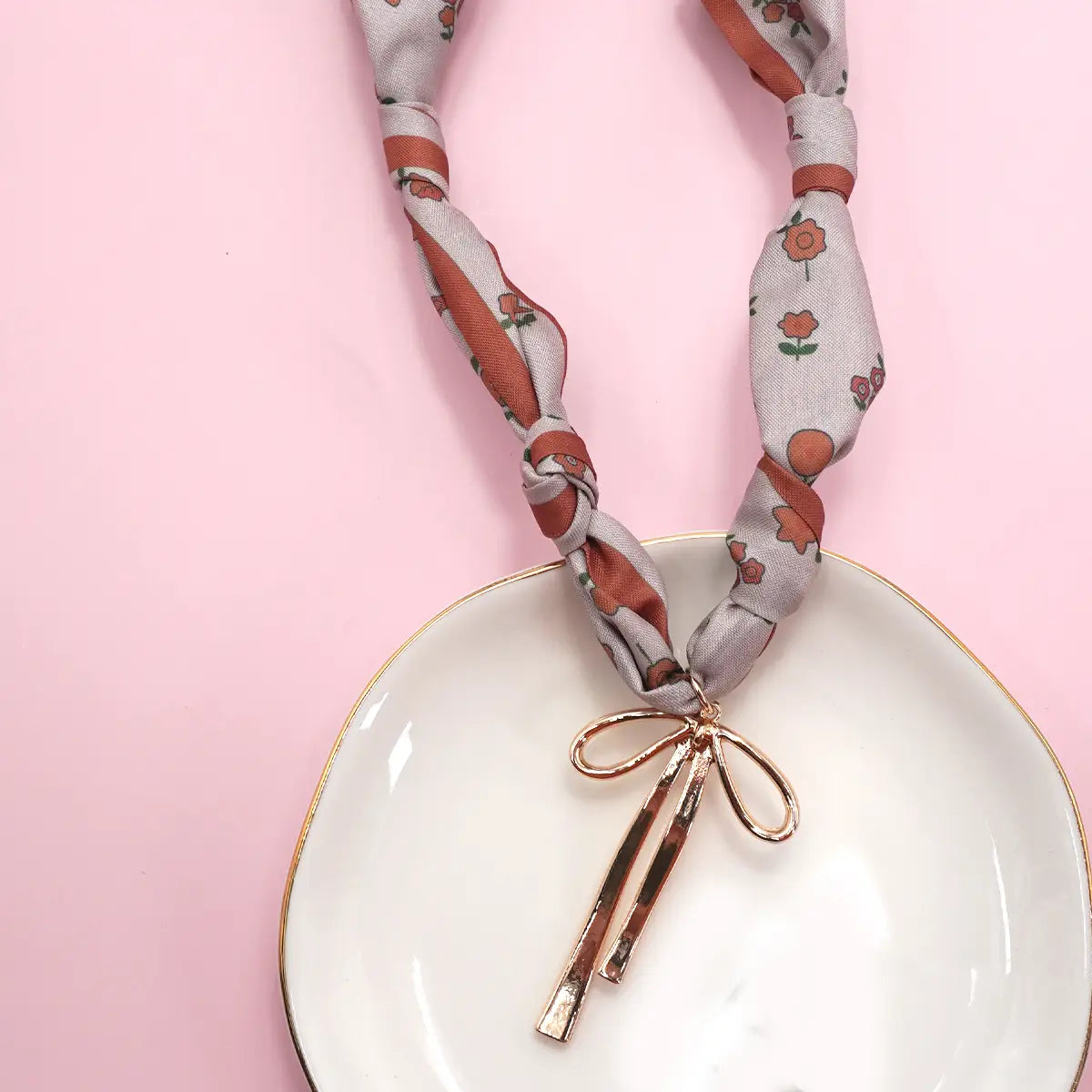 Gray & Orange Bow Charm Scarf Necklace