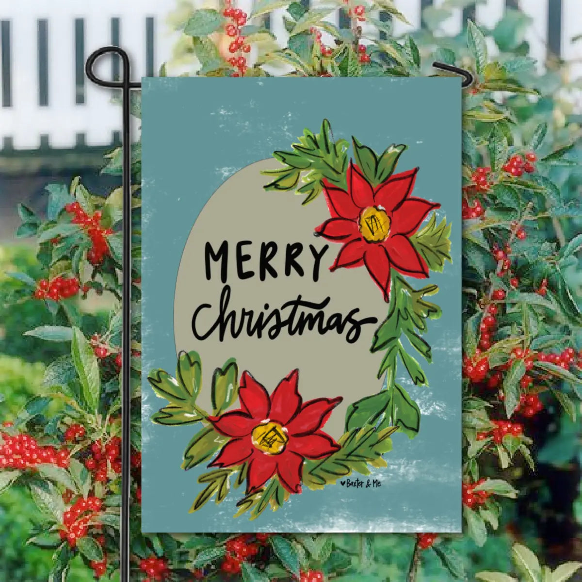 Merry Christmas Bells Poinsettia Garden Flag