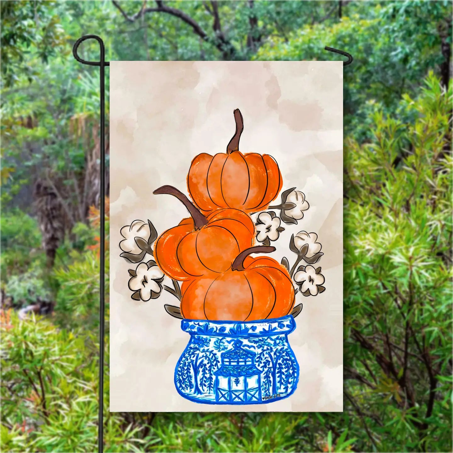 Cotton Pickin Pumpkin Chinoiserie Stack Garden Flag