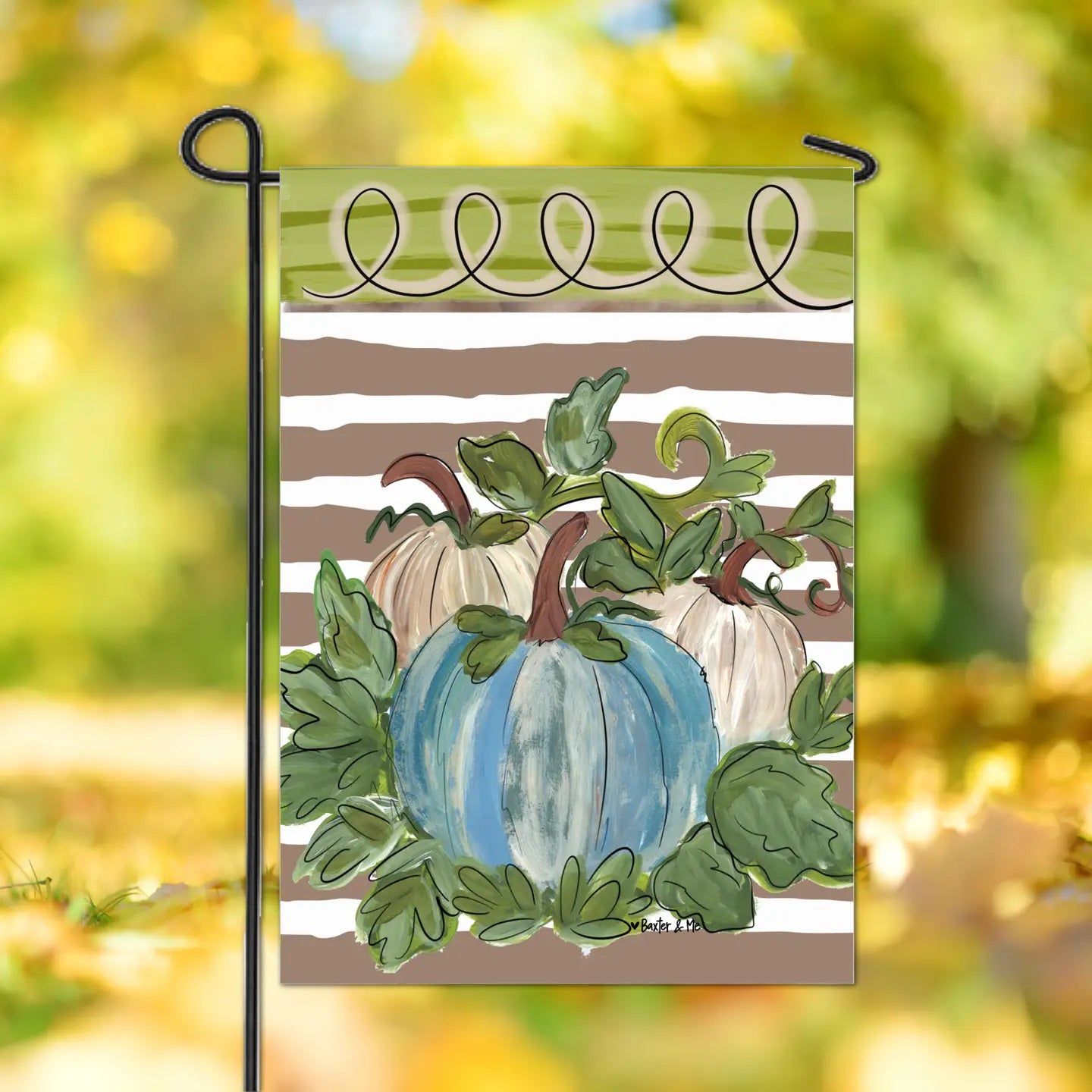 Blue & White Striped Harvest Pumpkin Garden Flag