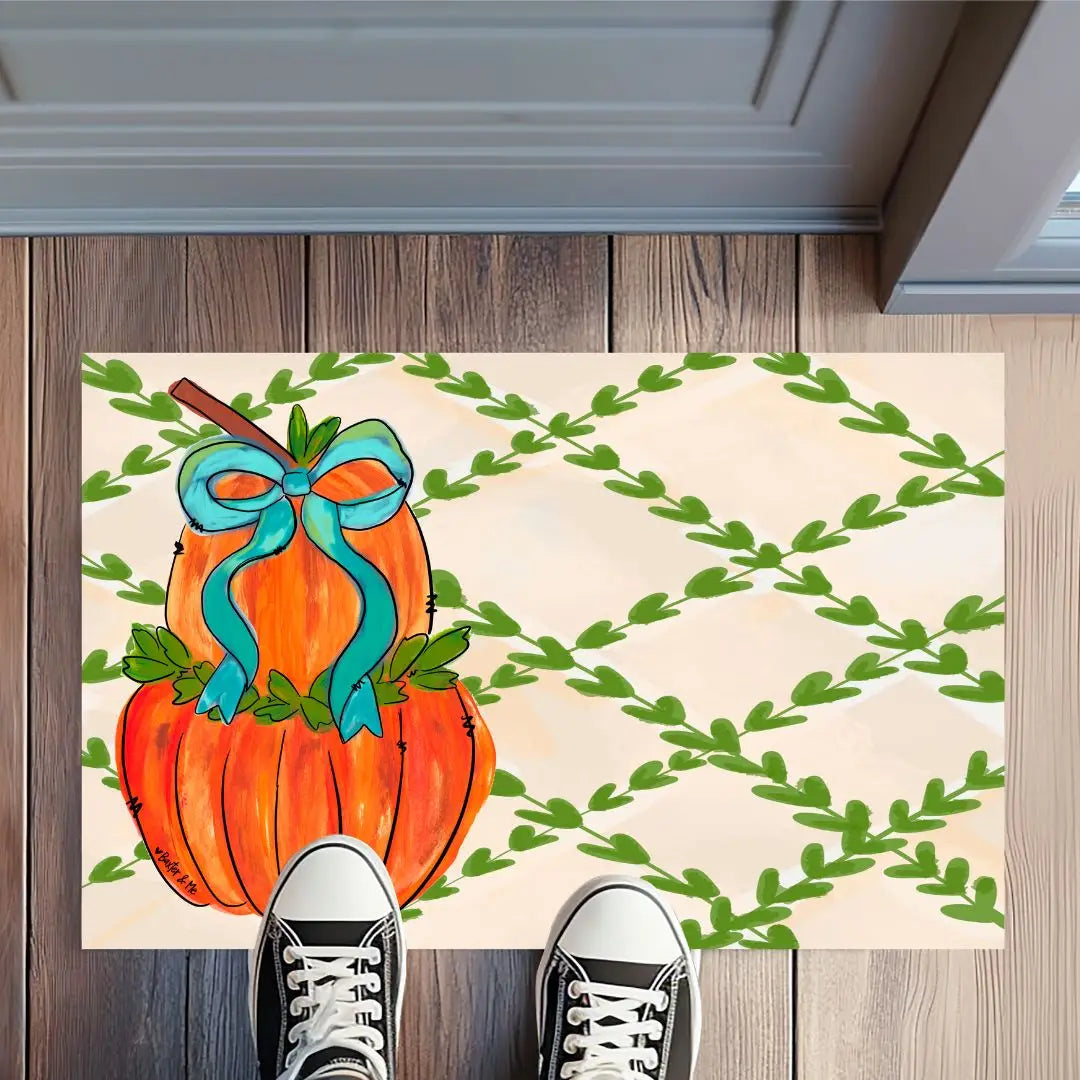 Greenery Stacked Pumpkin with Bow Door Mat