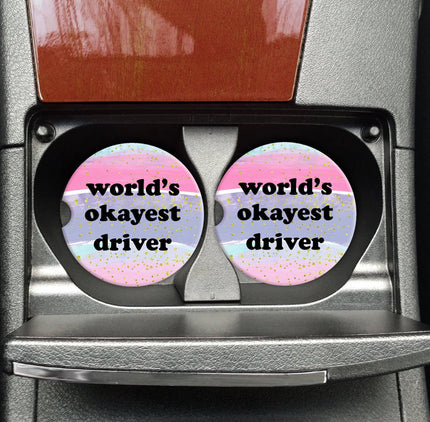 2 Pack Car Coasters | Pink World's Okayest Driver