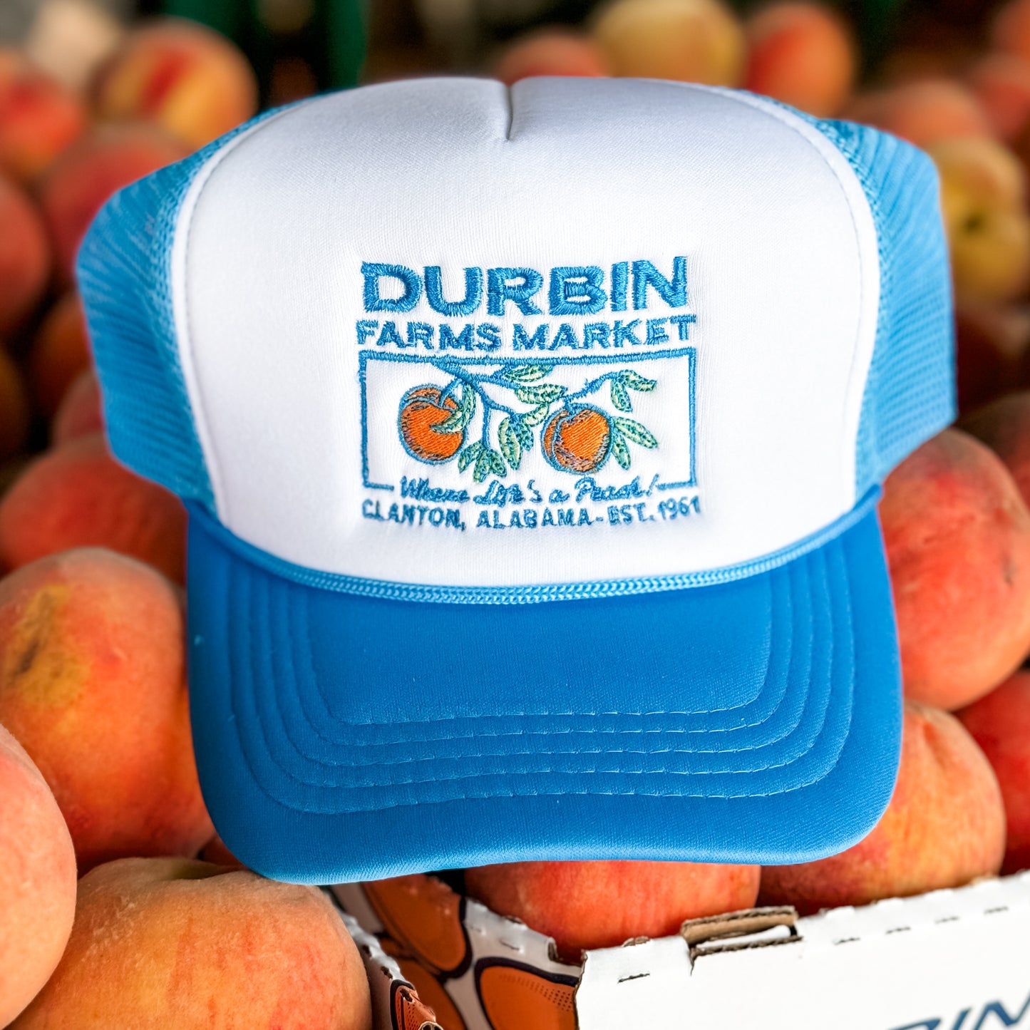 Durbin Farms Market Aqua Hat with Peaches