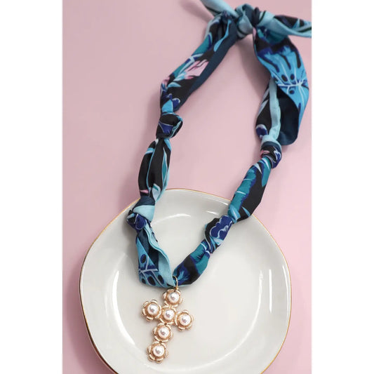 Blue Cross Charm Scarf Necklace