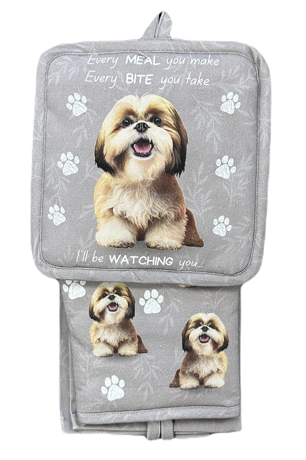 Tan & White Shih Tzu Oven Mitt Set