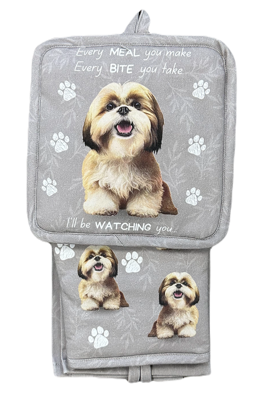 Tan & White Shih Tzu Oven Mitt Set