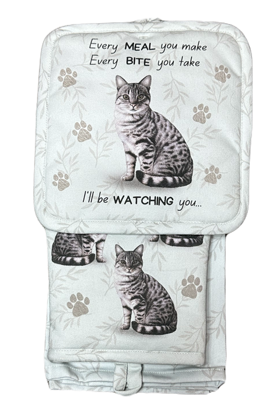 Silver Tabby Cat Oven Mitt Set