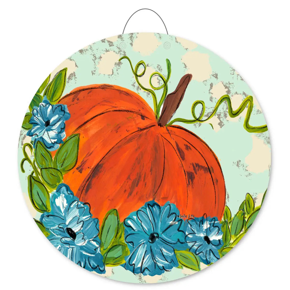 Pumpkin with Blue Flowers Door Hanger