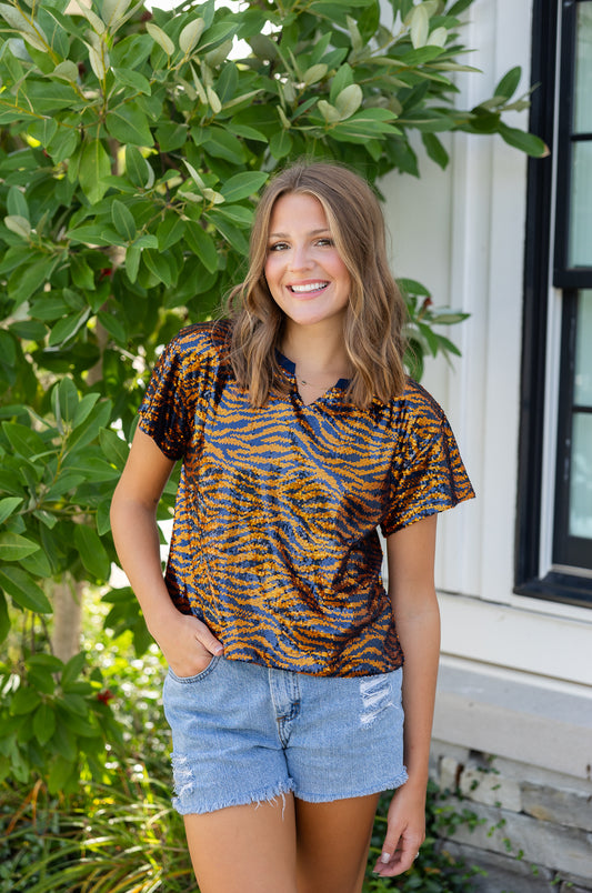 Diane Top | Navy & Orange