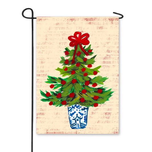 Blue Willow Red Ribbon Tree Garden Flag