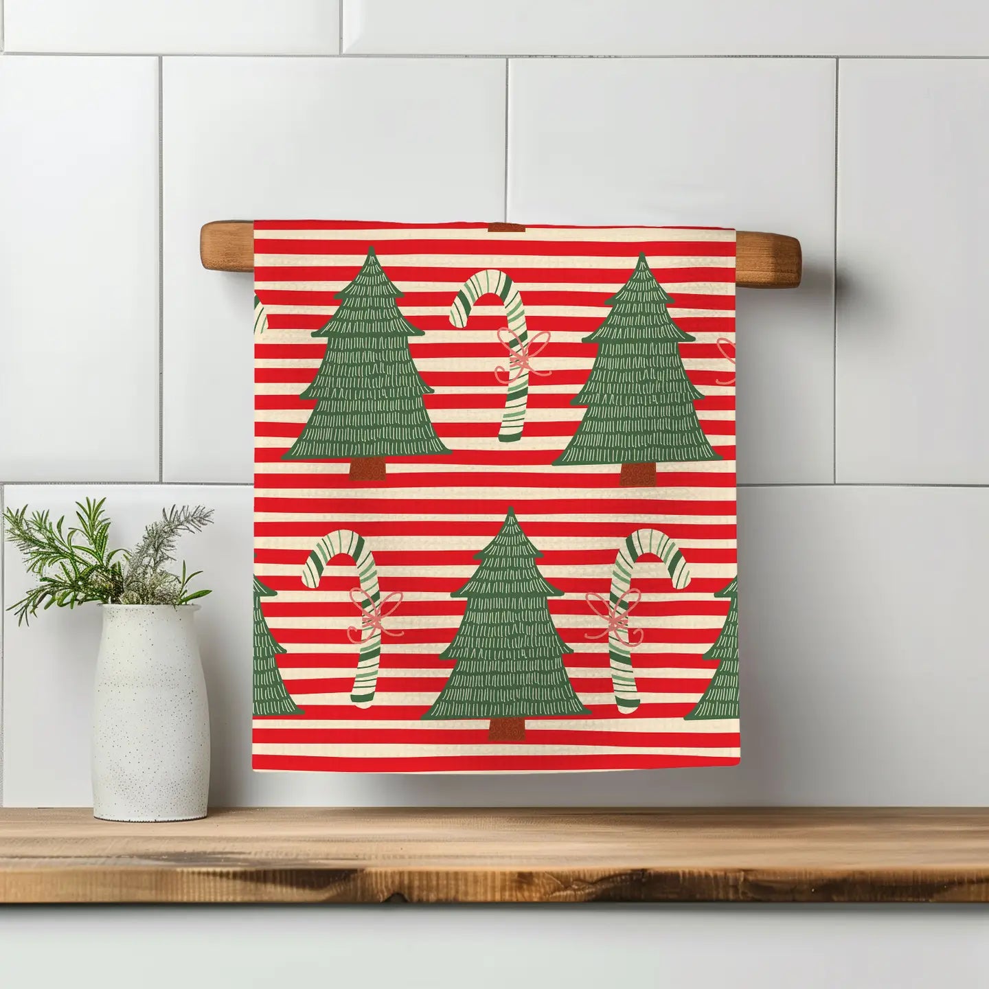 Red Stripe Christmas Tree Kitchen Towel