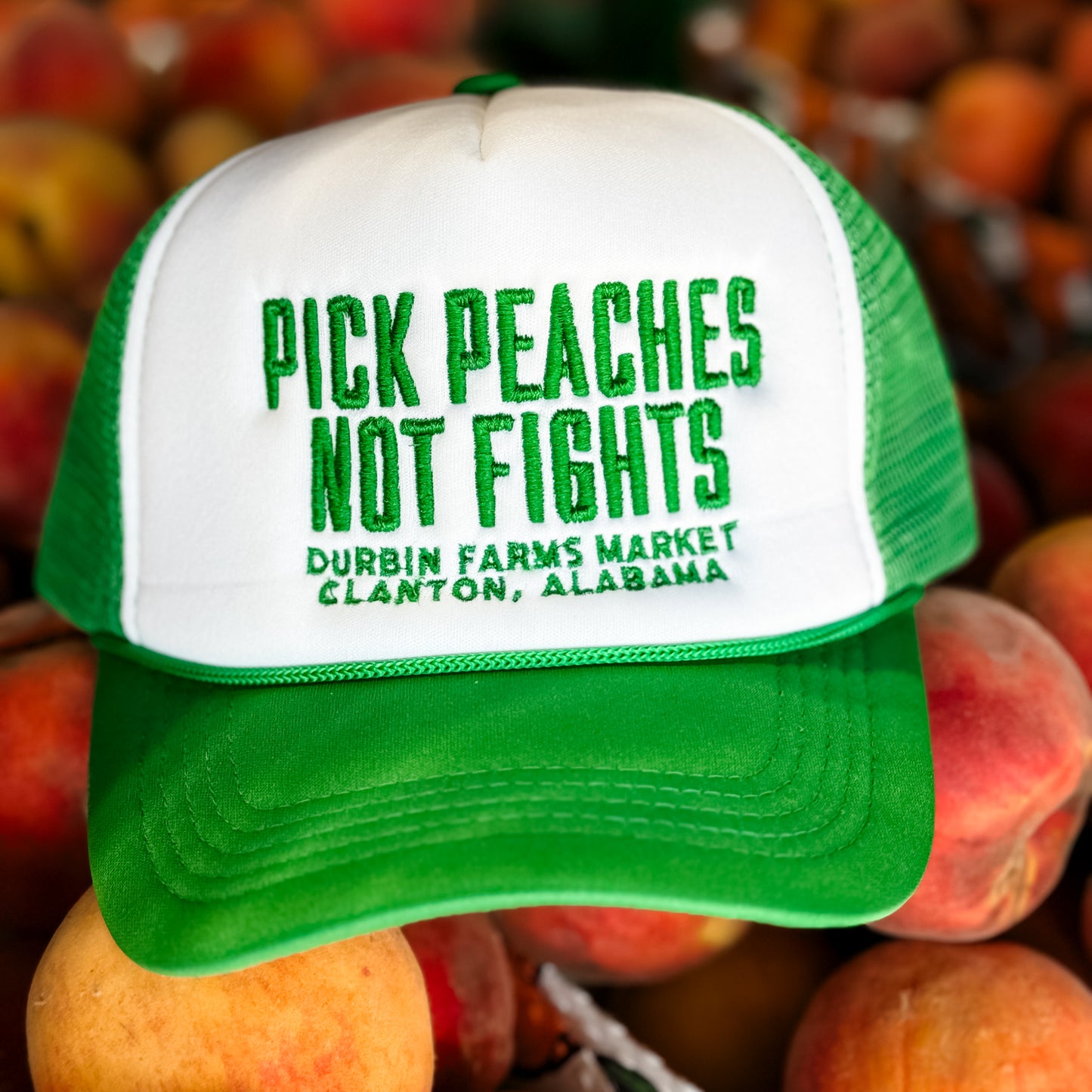 Green & White Pick Peaches Not Fights Foam Trucker Hat