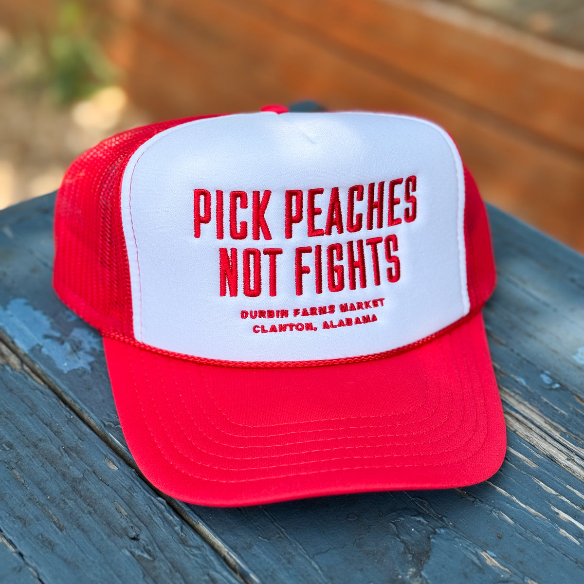Red & White Pick Peaches Not Fights Foam Trucker Hat
