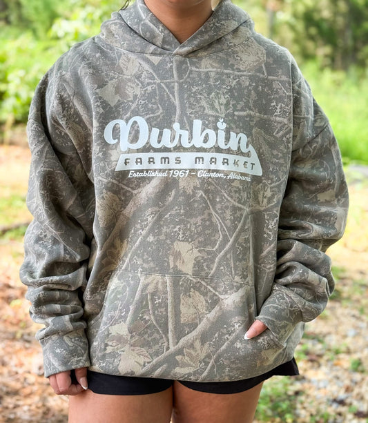 Durbin Farms Market Script Camo Hoodie