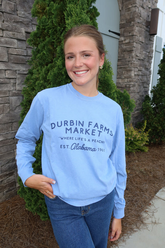 Durbin Farms Market Long Sleeve Tee | Washed Denim