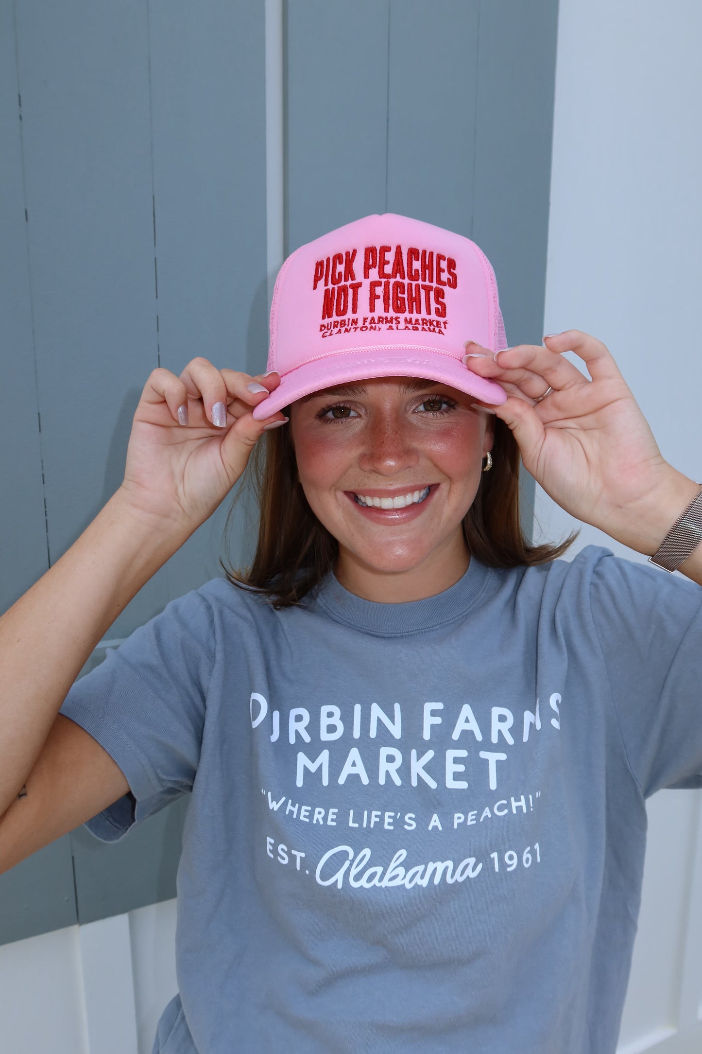 Pink & Red Pick Peaches Not Fights Foam Trucker Hat