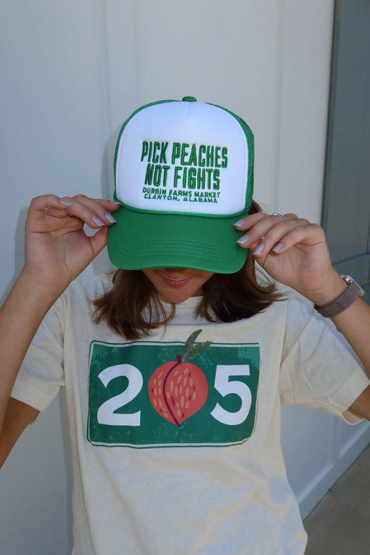 Green & White Pick Peaches Not Fights Foam Trucker Hat