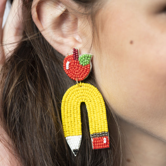 Beaded Apple & Pencil Earrings