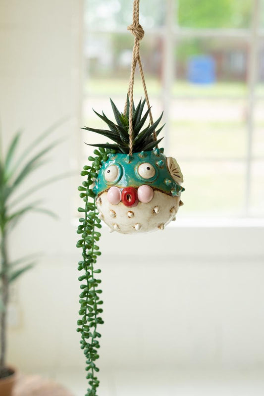 Hanging Ceramic Blowfish Planter