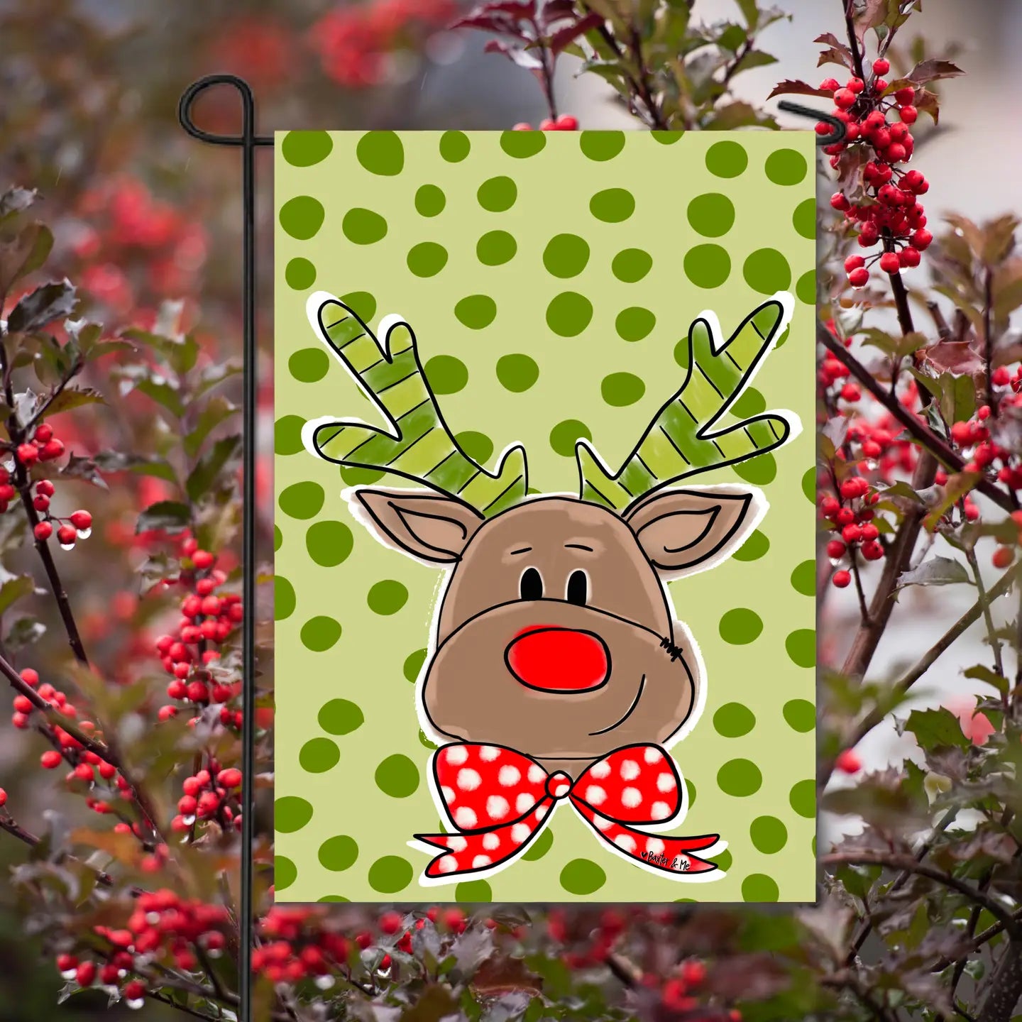 Green Polka Dot Reindeer Garden Flag