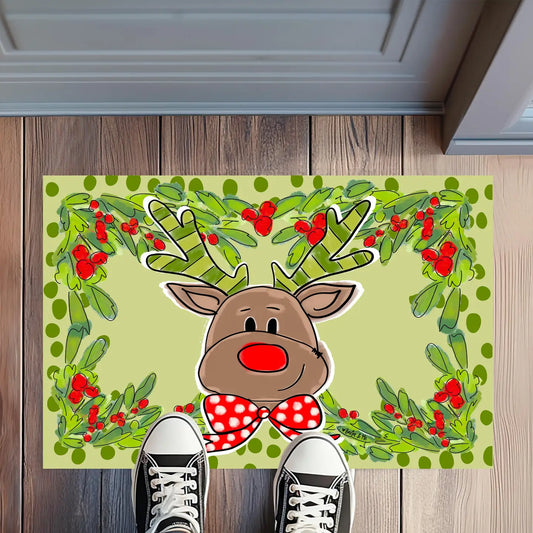 Green Polka Dot Reindeer Door Mat