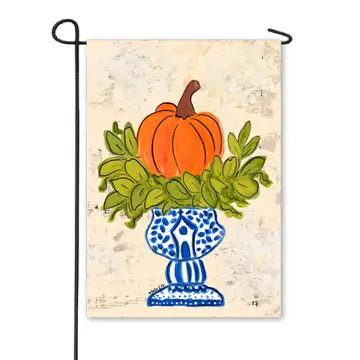 Pumpkin in Blue Willow Planter Garden Flag