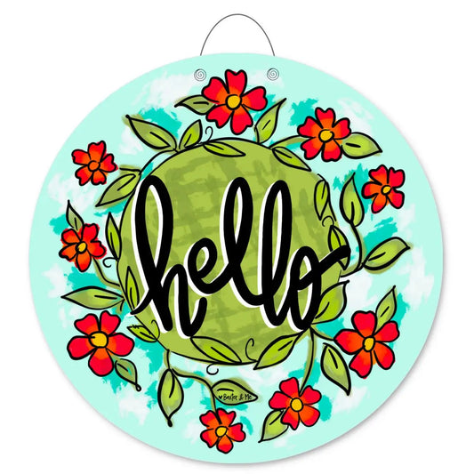 Hello Red Floral Wreath Door Hanger