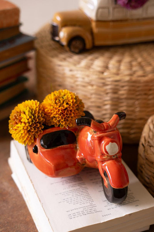 Ceramic Motorcycle w/ Sidecar Planter