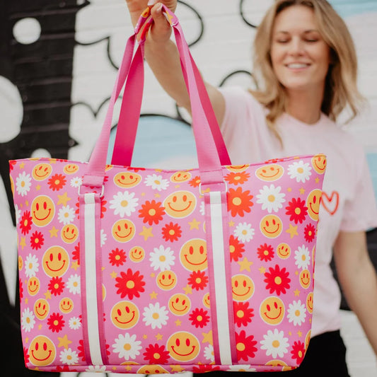 Red Flower Happy Face Tote Bag