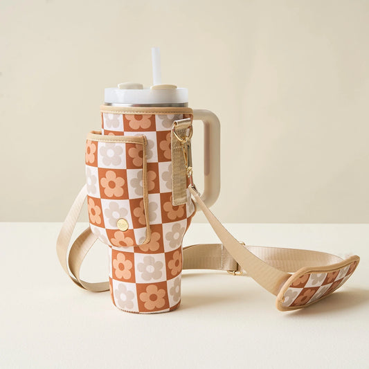 Brown Flower Check Tumbler Sling Bag